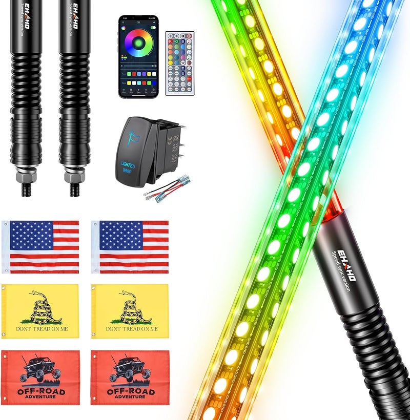 Ehaho 2 Pack 4FT LED Whip Light with Speed Sensing, Whip Lights with Spring Base, Tri-Sided RGB Illuminated Whip Light with Rocker Switch, App & Remote Control for UTV ATV Polaris RZR SXS Can-Am Truck - Image 1